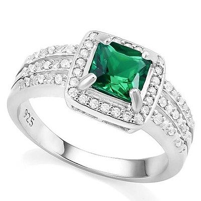 Sterling Silver Ring - Synthetic Emerald with Syn White Sapphires