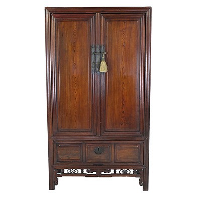 Chinese Elm Wedding Cabinet with Nicely Carved Apron Detail and Metal Hardware 20th Century