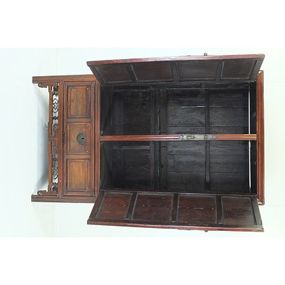 Chinese Elm Wedding Cabinet with Nicely Carved Apron Detail and Metal Hardware 20th Century