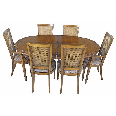 American Heritage Style Extension Table and Eight Chairs with High Caned Backs Circa 1970s