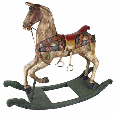 Very Large Colonial Style Carved and Polychromed Wood Rocking Horse Late 20th Century