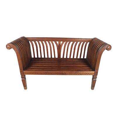 Hand Carved Dutch East Indies Plantation Style Settee with Fabric Upholstered Cushion Late 20th Century