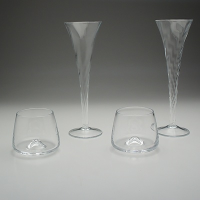 Two Krosno Fountain Shaped Champagne Flutes and Two Whisky Glasses