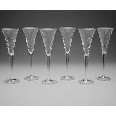 Six Decorated Cut Crystal Champagne Flutes