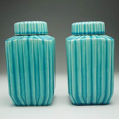 Pair of Striped Blue Glazed Urns