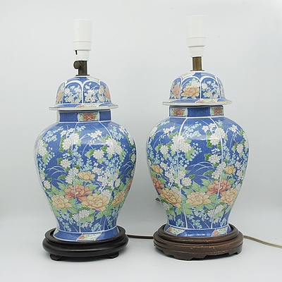Pair of Asian Floral Glazed Table Lamps