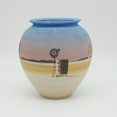 Les MacLeman Australiana Outback Windmill and Gum Trees Scene Ceramic Pot