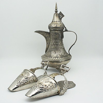 Pair of Peruvian Decorative Stirrups and Persian Peirced Metal Coffee Pot Shaped Lantern
