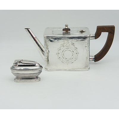 Engraved and Polished Square Tea Pot and Ronson Table Lighter