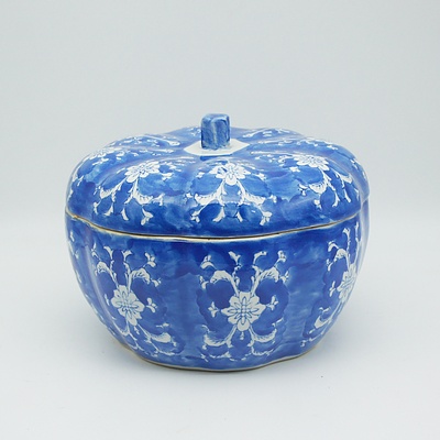 Chinese Handpainted Blue Glazed Pumpkin Shaped Lidded Jar