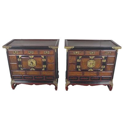Matched Pair of Korean Brass Mounted Elm and Lacquer Tansu Cabinets Late 20th Century
