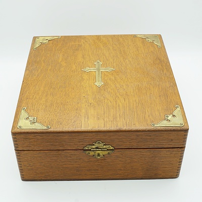 Vintage Traveling Communion Set in an Brass Bound Oak Box