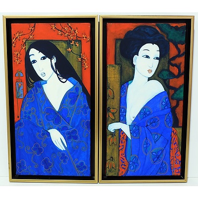Two Japanese Figures Oil on Canvas