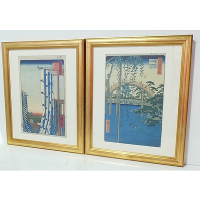 Two Offset Prints Mary A. Ainsworth Inside Kameido Tenjin Shrine and Utagawa Hiroshige Dyers' quarter in Kanda