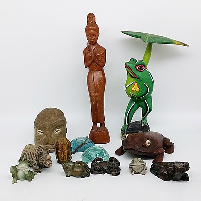 Lot of Figures Including Polished Stone, Brass, and Wood