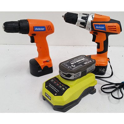 Performer Cordless Drills & Ryobi Battery with Charger