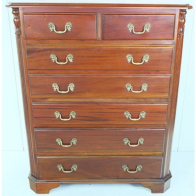 Decorative Stained Hardwood Chest of Drawers with Beveled Edge and Column Supports