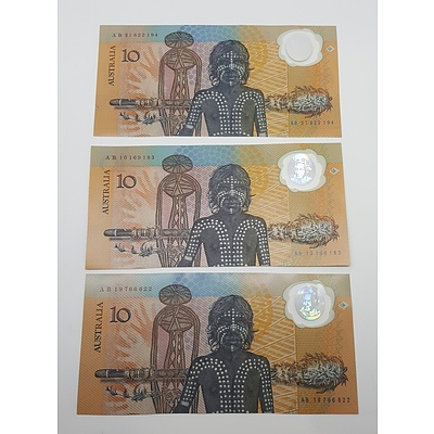 Three Australian 1984 Bicentennial Commemorative Ten Dollar Notes