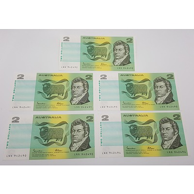 Run of Five Consecutive Serial Numbered Australian?Two Dollar Paper Notes