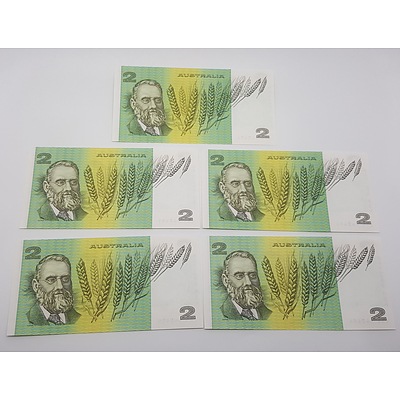 Run of Five Consecutive Serial Numbered Australian?Two Dollar Paper Notes