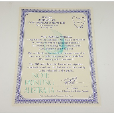 Rare Uncut Pair of Fraser / Cole Ten Dollar Australian Banknotes - from the 1991 International Coin Fair