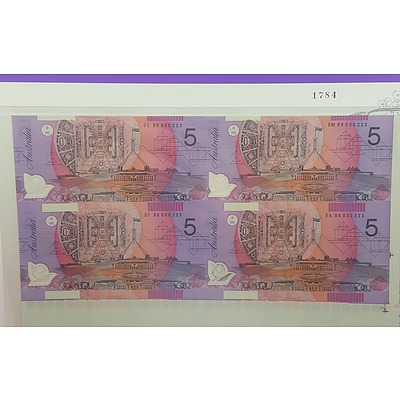 Note Portfolio - Uncut Block of Four 1996 Five Dollar Notes in Presentation Folder issue 1784 of Only 2200 Produced