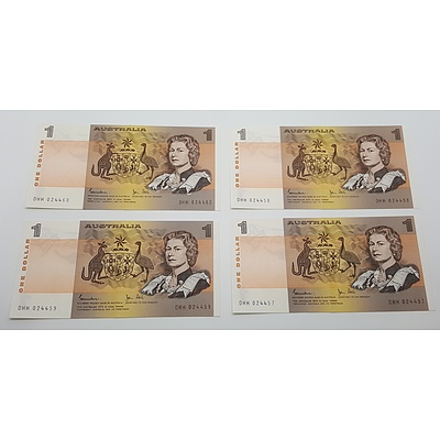 Run of Four Consecutive Serial Numbered?Australian One Dollar Paper Notes