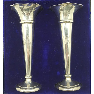 Cased Pair of Sterling Silver Trumpet Vases