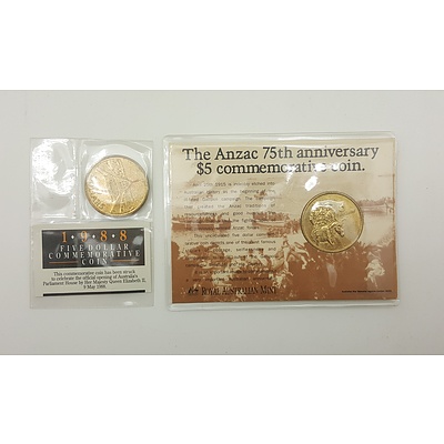 Two Commemorative Five Dollar Coins in Original Packaging