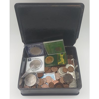 Paper Mache Trinket Box (as is) with Contents of Coins, Medallions, Banknotes etc