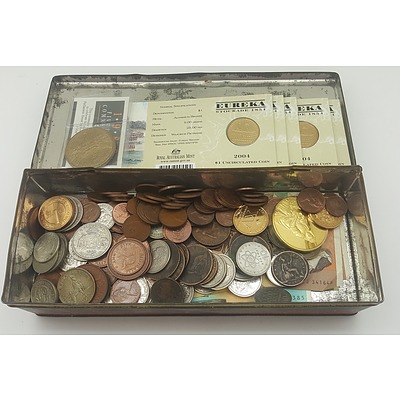 Vintage Sweets Tin with Contents of Coins including Australian Silver Coins, Notes etc