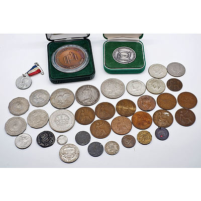 Group of Various World Coins and Medallions Including 1927 Parliament House Florin etc