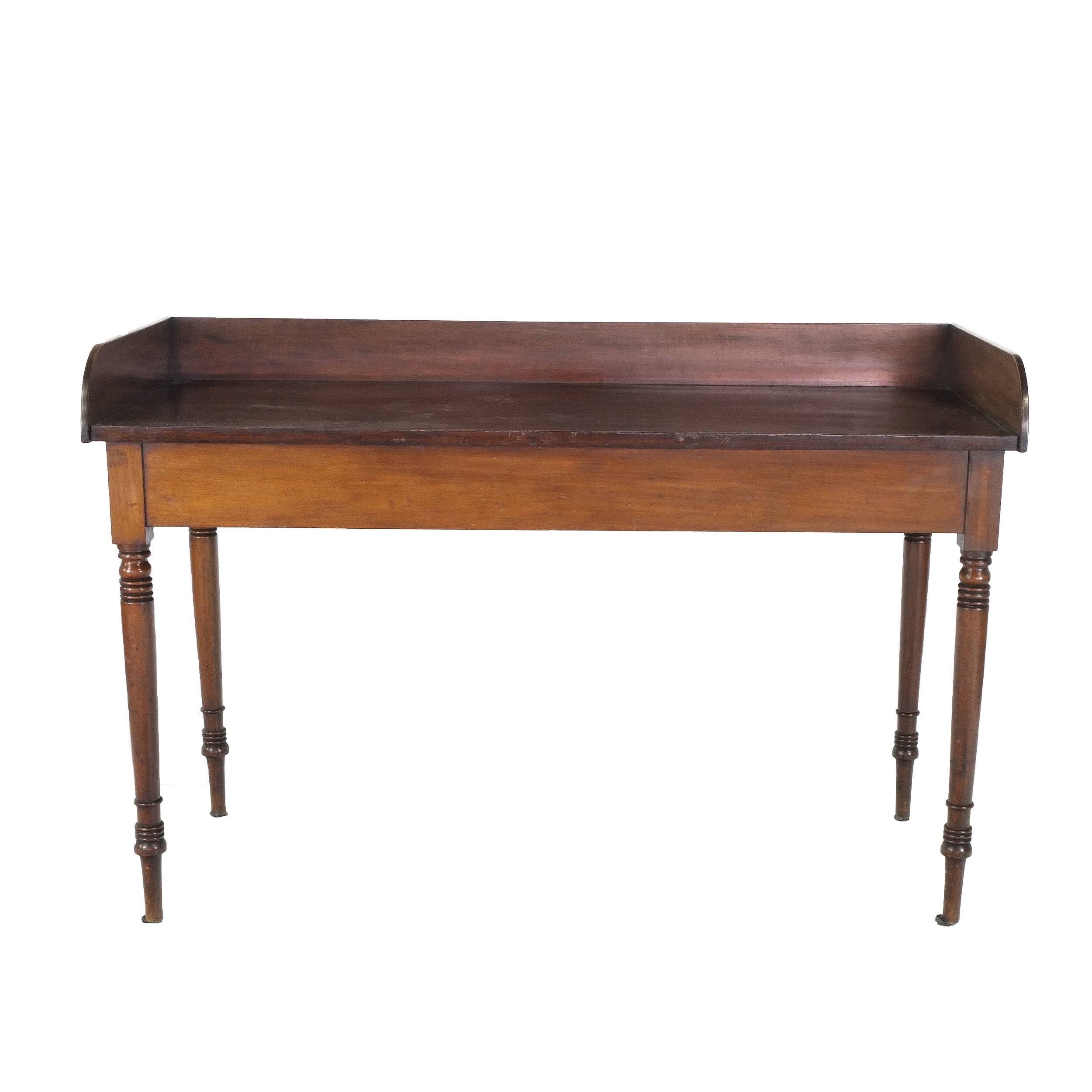 'Good English Mahogany Side Table with Gallery Back on Finely Turned Triple Ring Legs Circa 1820-1840'