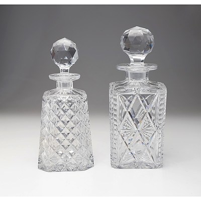 Diamond Cut Trapezoid Crystal Liqueur Decanter and a Large Square Cut Crystal Decanter