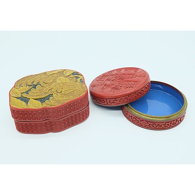 Two Carved Cinnabar Style Chinese Lidded Boxes