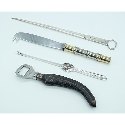 Silver Plated Reed & Barton Lobster Scoop, Horn Bottle Opener, Silver Plate Meat Skewer and a INOXID Cheese Knife