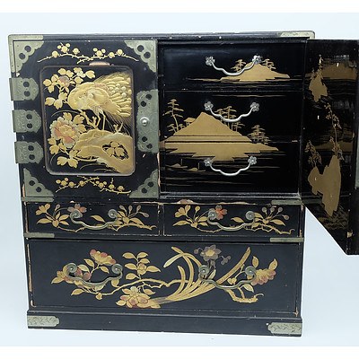 Miniature Metal Bound Black Lacquer Japanese Tansu Cabinet with Gilt Peacock and Floral Decoration