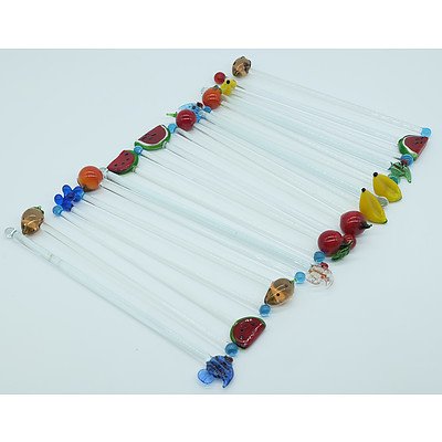 18 Glass Swizzle Sticks with Fruit and Fish Finials and a Glass Wine Stopper