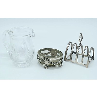 Silver Plate Open Salts with Glass Liner, EPNS 4 Slice Toast Rack and a Stuart Crystal Engraved Milk Jug