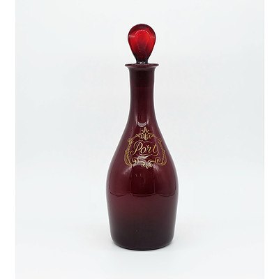 Ruby Glass Port Decanter Stencilled in Gilt