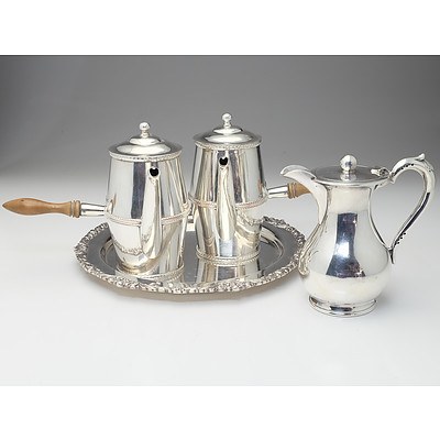 W & Co Silver Plate Milk Jug, Two French Silver Plated Chocolate Pots and a Old Sheffield Reproduction Strachan Plate