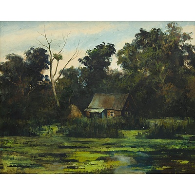 Russian School, House in the Woods, 1991. Signed & titled in cyrillic verso. Oil on Canvas