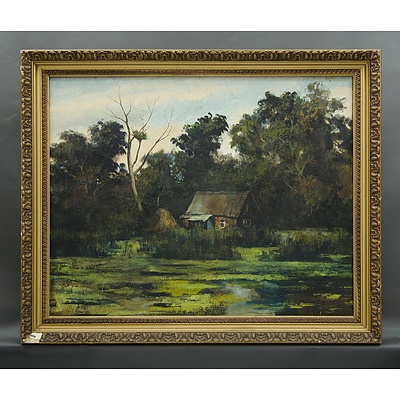 Russian School, House in the Woods, 1991. Signed & titled in cyrillic verso. Oil on Canvas