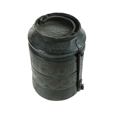3 Various Eastern Domestic Items. Incl. spun brass ewer, storage pot & stacked meal carrier 