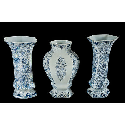 Delft Vases. Incl. a pair of taller flattened form (small repair to rim) & a single flask form vase