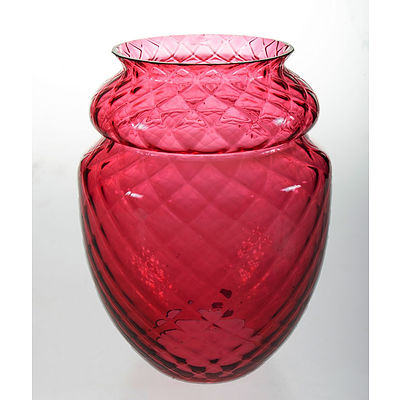 Victorian Cranberry Glass Shade. Quilted acorn form
