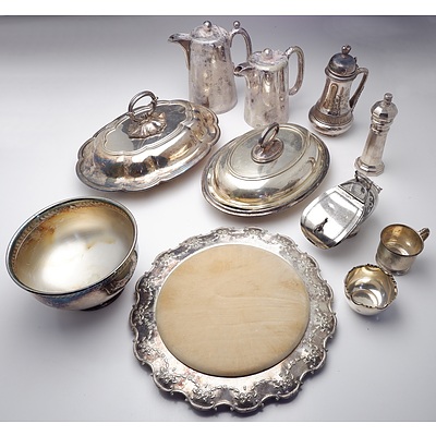 Group of Silver Plate Including English Sugar Scuttle, Two Meat Dishes and Covers, Serving Tray and More 