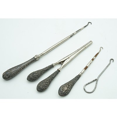 Antique Sterling Silver Handled Sewing Hooks and a Glove Stretcher