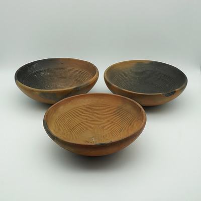 Six African Tribal Burnished Wood Fired Terracotta Bowls with Engraved Geometric Designs