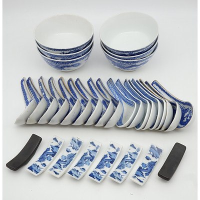 Group of Chinese Bowls, Spoons, Chop Stick Holders and Chop Sticks